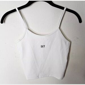 Set Active White spaghetti Strap Ribbed Crop Tank Top SET Logo On Front Small